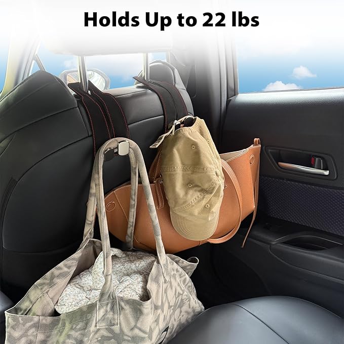 Headrest Hooks for Car, Purse Hook for Car, Premium Leather Twin Hook Car Seat Hooks, Double Hook Seat Back Storage Organizer for Purses, Bags, SUV, Truck, Vehicle, 2 Pack, Black