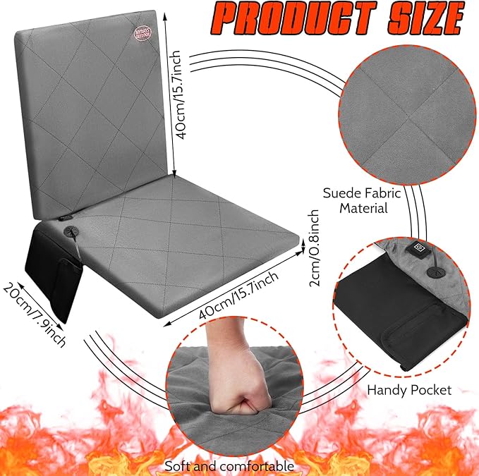 Juexica Portable Heated Seat Cushion Warm Stadium Seats Camping Outdoor with Back Support and 3 Level Winter Heated Seat Cover for Outdoors, No Power Bank(15.7 Inch,Grey)