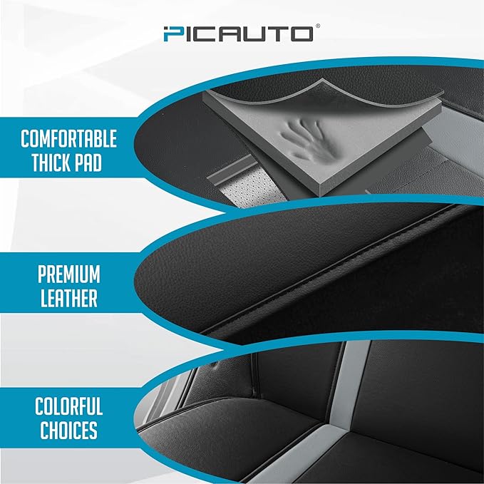PIC AUTO Leather Car Seat Covers, Premium Automotive Waterproof Front & Rear Full Set Bucket Car Seat Protectors, Black and Gray PVC Patchwork, Fits for Cars, Trucks, Van, SUV, Airbag Compatible