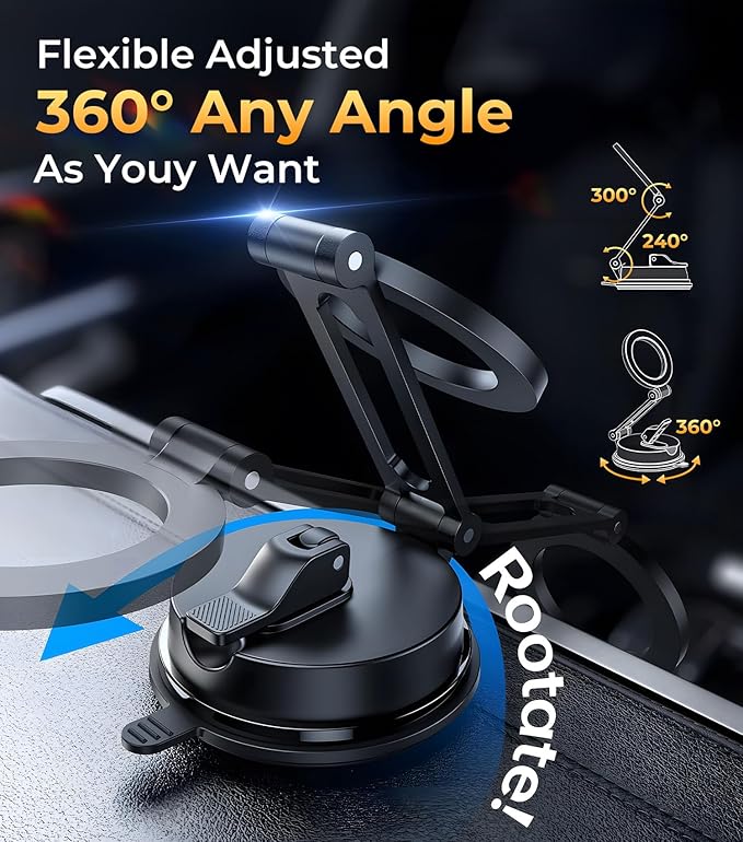 【Vacuum Suction Folding Car Mount】Magnetic Car Phone Holder for magsafe, Aerospace Alloy Arm, Best Dashboard/Windshield/Screen Holder for Your Car/Tesla/Gym/Mirror/Shower/Smooth Surface/iPhone