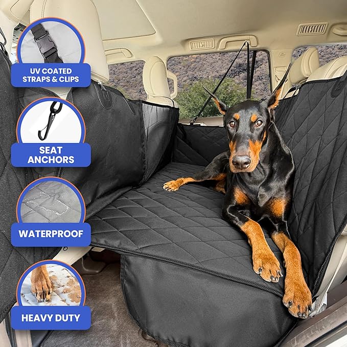 4Knines Hard Bottom Back Seat Extender for Dogs – Waterproof Dog Car Seat Cover – Heavy Duty Backseat Protector for Cars, SUVs, Trucks – Built-in EZ Open Door Protector (Patent Pending) Black, Regular