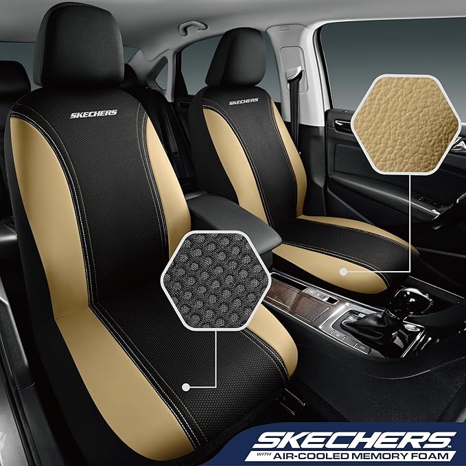 Skechers Memory Foam Seat Covers,Air- Cooled Mesh Thick Car Seat Covers,Leather Seat CoversFull Sets,Airbag Compatible,Automotive Comfort Universal Fit for SUVs,Vans,Sedans,Cars,Trucks，Beige