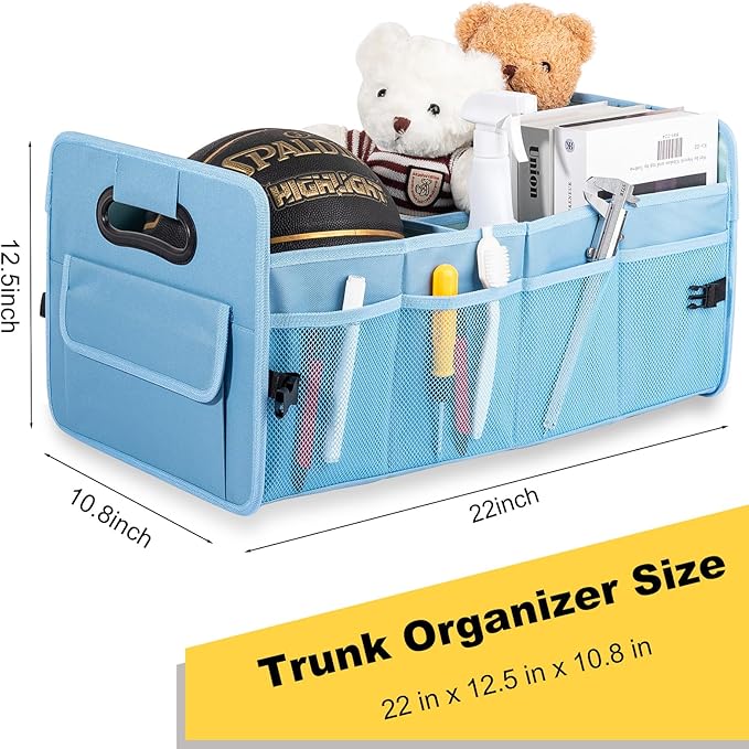 JiatuA Car Trunk Organizer, Car Organizers and Storage Collapsible Multi Compartment Container Box, Adjustable Car Accessories for SUV Sedan Truck, Standard Size, Light Blue