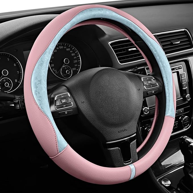 PIC AUTO Steering Wheel Cover, Light Blue Patterned & Pink Leather Patchwork Design, Universal Fit 14.5"–15.5", Anti-Slip, Odor-Free, Soft Grain Leather, Durable Grip Car Accessory for Girls & Women