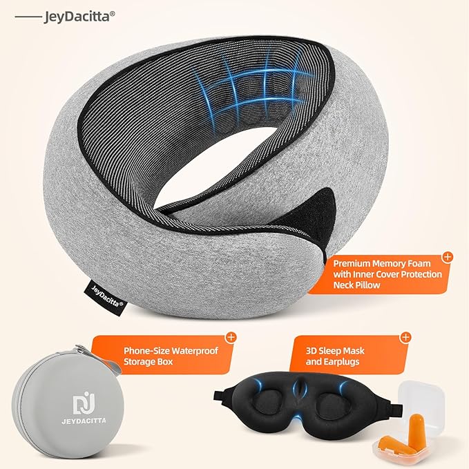 Premium Travel Pillow, Upgraded Memory Foam Neck Pillow, 360° Ergonomic Design Airplane Pillow Travel Pillows for Airplanes, Cars, Offices, Home Use, Large (Light Gray)