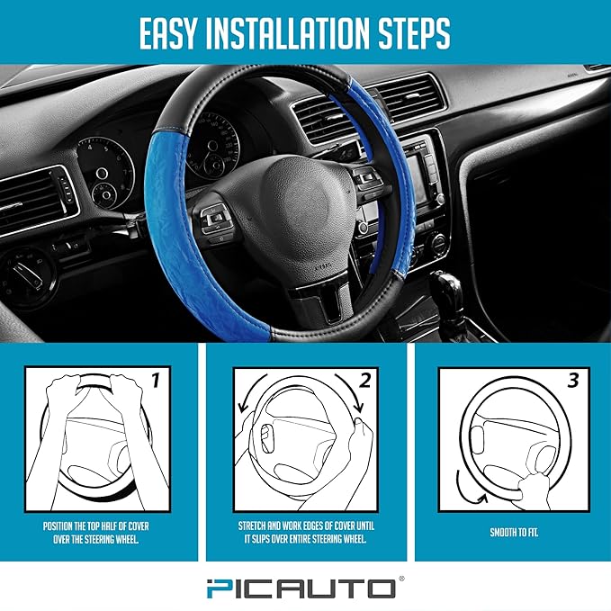 PIC AUTO Steering Wheel Cover, Silk Grain Leather Car Steering Wheel Protector, Comfortable Grip, Universal 14.5-15.5 Inch Anti-Slip Steering Wheels Accessories for Men & Women (Blue)