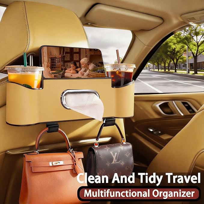 Car Backseat Organizer for Kids & Travelers - 4 in 1 Multifunctional Car Seat Back Storage with Cup Holder, Tissue Box, Snack/Handbag Holder - Nappa Leather Universal Fit for SUV/Van/Sedan (Beige)