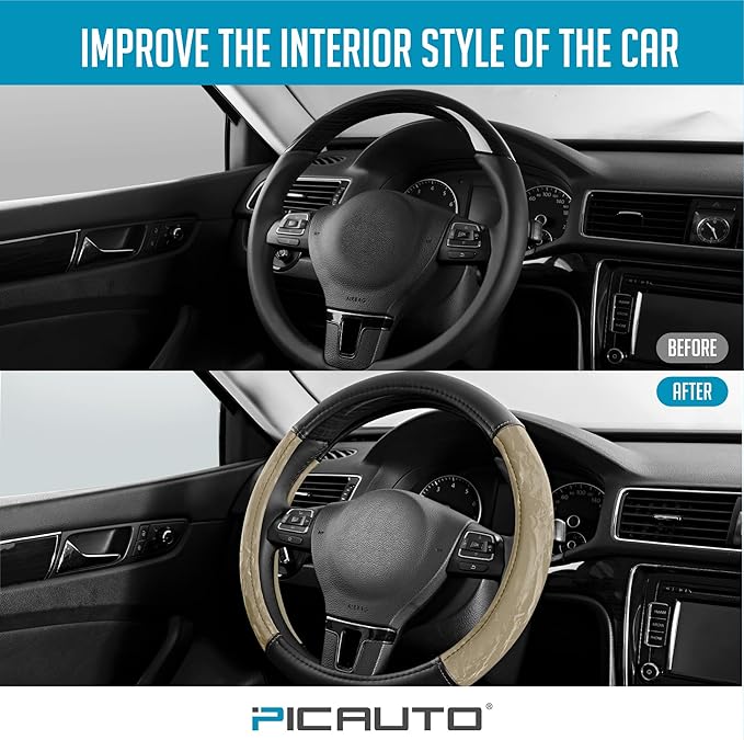 PIC AUTO Steering Wheel Cover, Silk Grain Leather Car Steering Wheel Protector, Comfortable Grip, Universal 14.5-15.5 Inch Anti-Slip Steering Wheels Accessories for Men & Women (Beige)