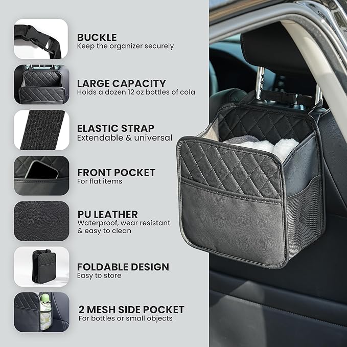 Backseat Car Organizer, PU Leather Car Storage with 2 Mesh Pockets, 9.8" x 9.8" x 5.5", Foldable & Universal, For Car, Truck, SUV