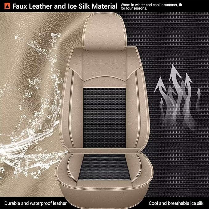 Breathable Ice Silk Seat Covers for Hyundai Santa Fe 2007-2025 2026 - Waterproof Leather Car Cushions Anti-Slip Cooling Seat Covers Protector(5 Seats - Beige&Grey)