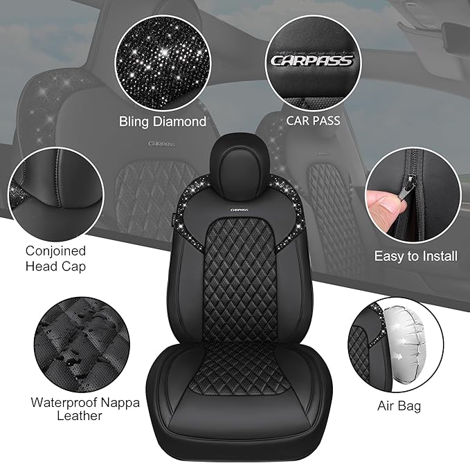 CAR PASS Car Seat Covers for Tesla Model 3 Nappa Leather Bling Diamond Car Seat Protector Full Coverage Airbag Compatible Custom Fit 2017 2018 2019 2020 2021 2022 2023 2024, Black Rhinestone Full Set