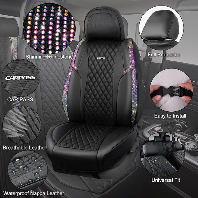CAR PASS Iridescent Diamond &NAPPA Calfskin Leather Cushioned,Bling Seat Covers,Waterproof Heavy-Duty Anti-Slip,Universal Fit for Auto SUV Sedan,Sparkly Glitter Shining Rhinestone Full Set, Multicolor