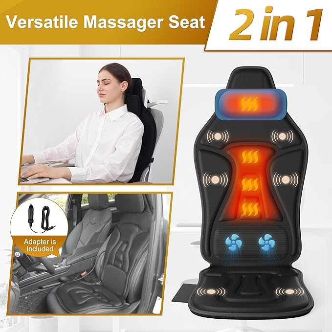 Vibration Back Massager with Heat for Chair, Massage Chair Pad with Waist Cooling & Neck Support, Seat Massager for Seniors, Office Workers, Fatigue & Pain Relief in Office, Home & Travel