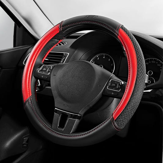 Skechers Air-Cooled Steering Wheel Cover, Leather Car Steering Wheel Cover Universal Fit 14" 1/2-15" Car Wheel Protector for Men Women Fit Suvs,Vans,Sedans,Car,Trucks,Red