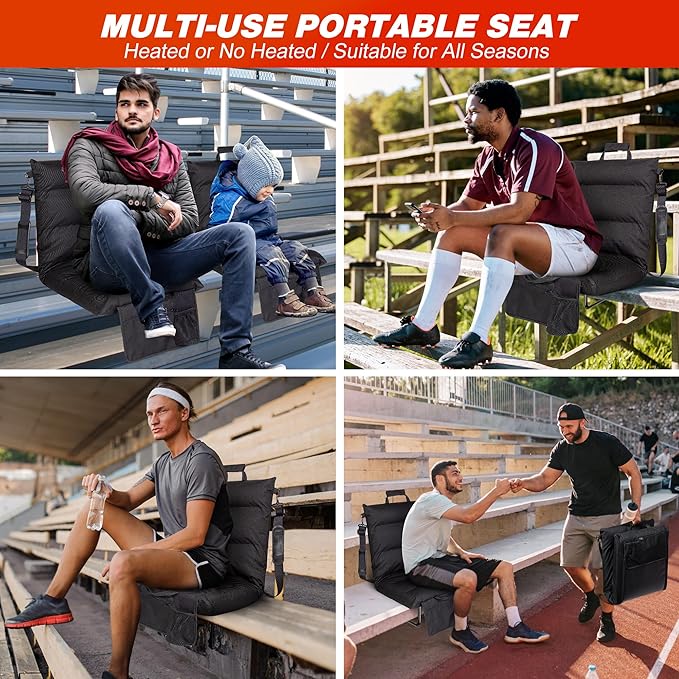 Heated Stadium Seats for Bleachers with Back Support, Foldable Stadium Chair, Portable Bleacher Seat, USB Rechargeable Warm Cushion,Outdoor Camping Games Sports, 3 Heat Levels & Timer, Waterproof