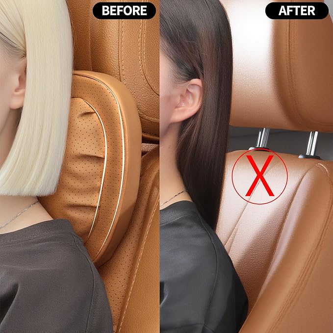 Car Neck Pillow [No More Pressure] Soft Comfortable Premium Leather Headrest with Adjustable Strap – Ergonomic Support for Driving, Office & Gaming, Palomino Brown, 1 Pack
