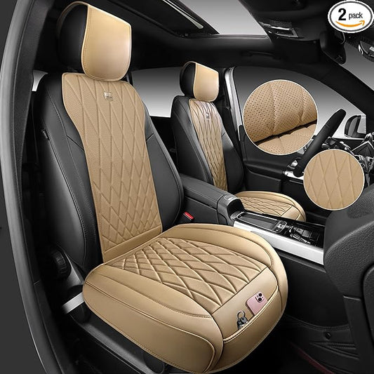CAR PASS Luxury Nappa Leather Front Car Seat Covers, Sideless Car Seat Protectors with Storage Pocket, Non-Slip Automotive Seat Cover for Cars Trucks SUV, Airbag Compatible, 2 Pack (Beige)