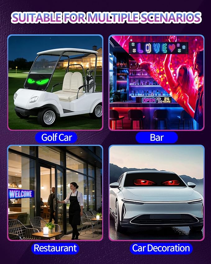 Golf Car Windshield Devil Eyes Light Sign, 23.4''x4.7'' Programmable LED Light Flexible Screen with APP and Remote Control-5V USB Digital Lighting Display for Golf Car, Cars & SUVs