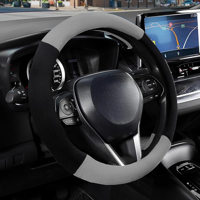 SEG Direct Steering Wheel Cover for Car, Standard Size 14.5-15 inch, Auto Interior Accessories, Warm Plush, Summer Winter, Black and Gray