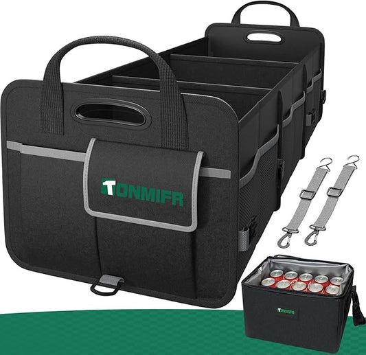 112L Large Capacity Car Trunk Organizer with 20L Insulated Fresh-Keeping Bag, Heavy-Duty 600D Waterproof Oxford Collapsible Storage for SUV, Sedan, Truck, 2 Securing Hooks & Reflective Strips