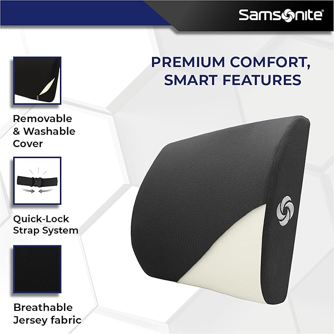 Samsonite Ergonomic Lumbar Support Pillow for Office Chair and Car Seat - Memory Foam Back Support Lumbar Pillow Premium Cushion Chair Support for Lower Back Pain Relief and Versatile Use (Black)