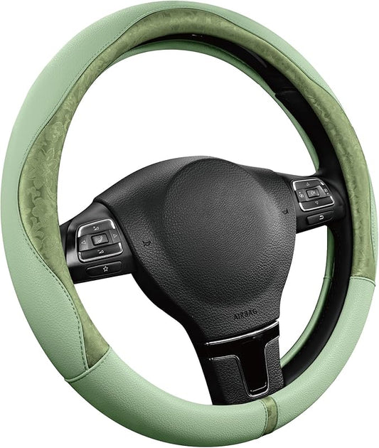 PIC AUTO Steering Wheel Cover, Green Patterned Leather Patchwork Design, Universal Fit 14.5"–15.5", Anti-Slip, Odor-Free, Soft PU Grain Leather, Durable Grip Car Accessory for Girls & Women
