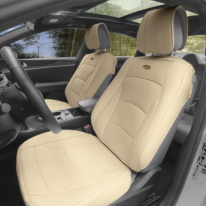 FH Group Front Set Faux Leather Car Seat Cover Cushion - 2 Pack Seat Covers for Cars Trucks, SUV, Waterproof, Universal Fit Seat protector, Solid Beige