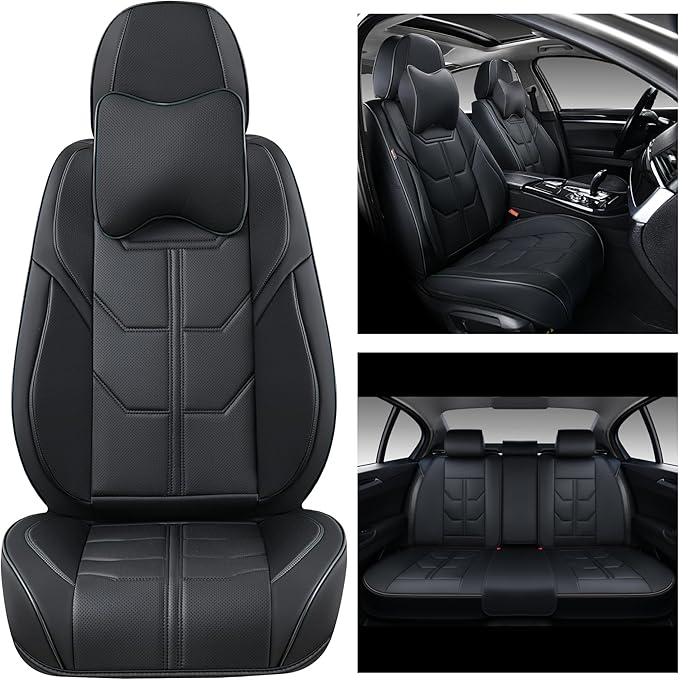 Black Car Seat Covers Full Set, Universal Front and Rear Seat Covers for Cars, Waterproof Leather Auto Seat Protectors with Head Pillow, Car Seat Cushions Fit for Most Sedans SUV Pick-up Truck
