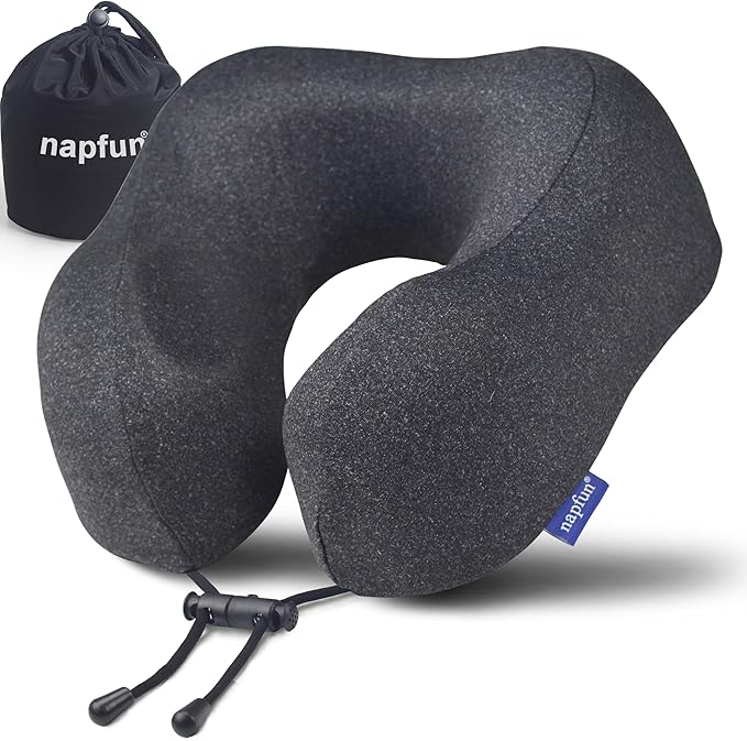 napfun Neck Pillow for Traveling, Upgraded Travel Neck Pillow for Airplane 100% Pure Memory Foam Travel Pillow for Flight Headrest Sleep, Portable Plane Accessories, Full Black