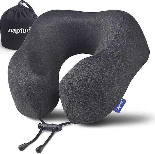 napfun Neck Pillow for Traveling, Upgraded Travel Neck Pillow for Airplane 100% Pure Memory Foam Travel Pillow for Flight Headrest Sleep, Portable Plane Accessories, Full Black