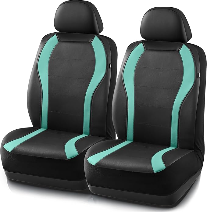 PIC AUTO Leather Car Seat Covers, Premium Automotive Waterproof Two Front Bucket Car Seat Protectors, Black and Green PVC Patchwork, Fits for Cars, Trucks, Van, SUV, Airbag Compatible
