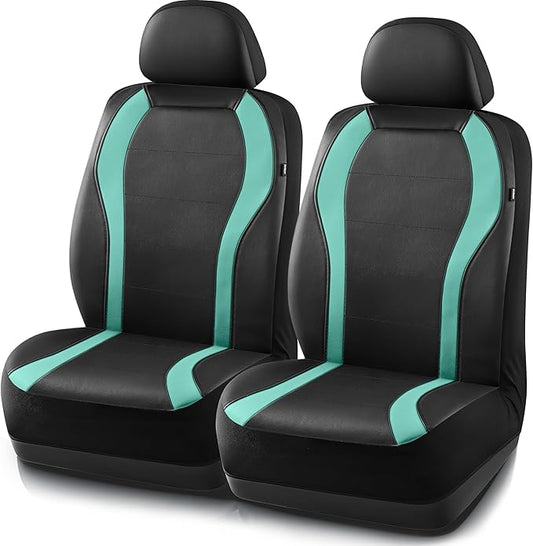 PIC AUTO Leather Car Seat Covers, Premium Automotive Waterproof Two Front Bucket Car Seat Protectors, Black and Green PVC Patchwork, Fits for Cars, Trucks, Van, SUV, Airbag Compatible