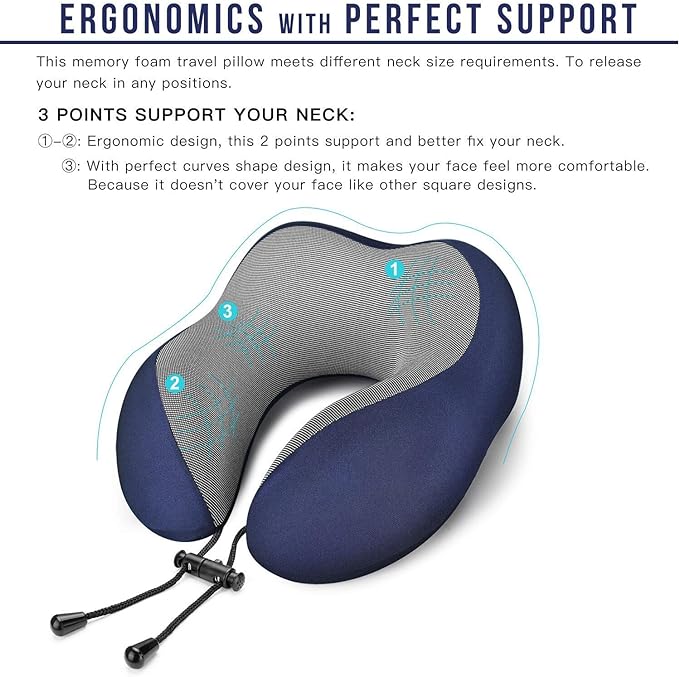 MLVOC Travel Pillow 100% Pure Memory Foam Neck Pillow, Comfortable & Breathable Cover, Machine Washable, Airplane Travel Kit with 3D Contoured Eye Masks, Earplugs, and Luxury Bag, Standard (Blue)