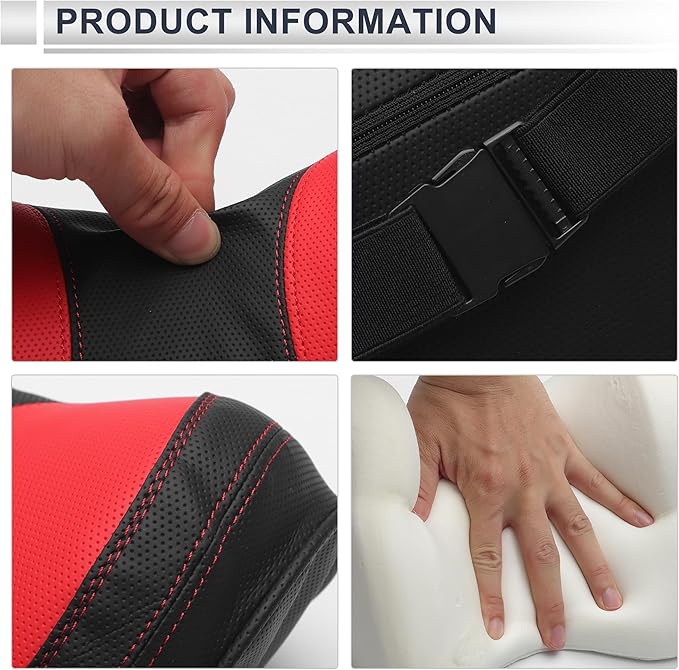 Car Headrest Pillow Ergonomic Comfortable Neck Support Pillow Nappa Leather and Memory Foam Adjustable Width Black and Red 1 Pc for Driving Travel