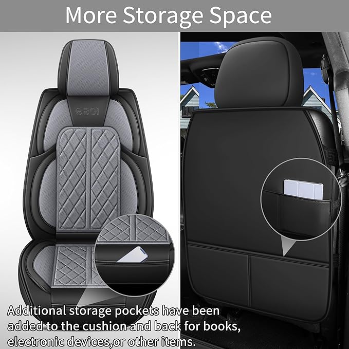 Car Seat Cover Custom Fit for Dodge Ram 1500 2500 3500 2002-2026 Faux Leather Seat Cover Set Compatible with Crew Quad Regular Cab Pickup Truck Cushions (Black & Grey, Full Set, Curved Rear)