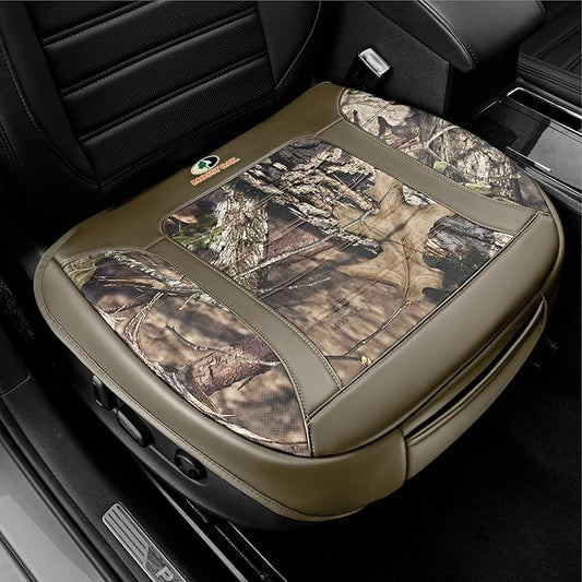 Mossy Oak Car Seat Cover, Luxury Faux Leather Front Bottom Seat Cushion Cover, Universal Anti-Slip with Wrap-Around Design and Storage Bags, Suitable for Most Vehicles - Beige Color 1 Piece