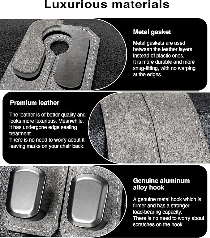 Car Purse Holder Hook, 2PCS Car Hooks for Headrest Luxurious Leather 100% Metal Car Hangers for Seat Multifunctional Car Bag Hook Car Seat Back Storage Hook Accessories (Grey)