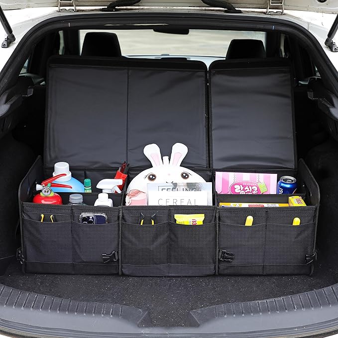 Car Trunk Organizer with Lid Storage Collapsible Multi Compartment Adjustable Straps for SUV, Truck, Sedan(Black) XL