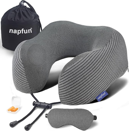 napfun Neck Pillow for Traveling, Upgraded Travel Neck Pillow for Airplane 100% Pure Memory Foam Travel Pillow for Flight Headrest Sleep, Portable Plane Accessories, Luxury Sets (Optional), Dark Grey