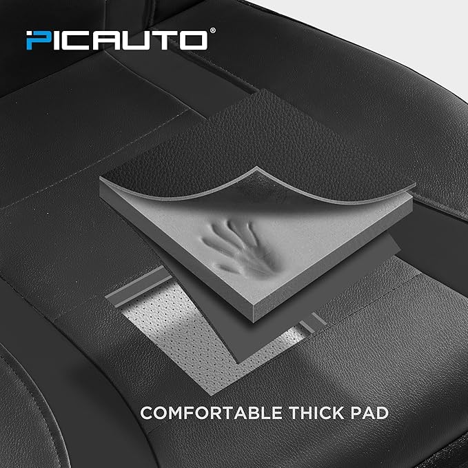 PIC AUTO Leather Car Seat Covers, Premium Automotive Waterproof Two Front Bucket Seat Protectors, Black and Black PVC Patchwork, Fits Cars, Trucks, Vans, SUVs, Airbag Compatible