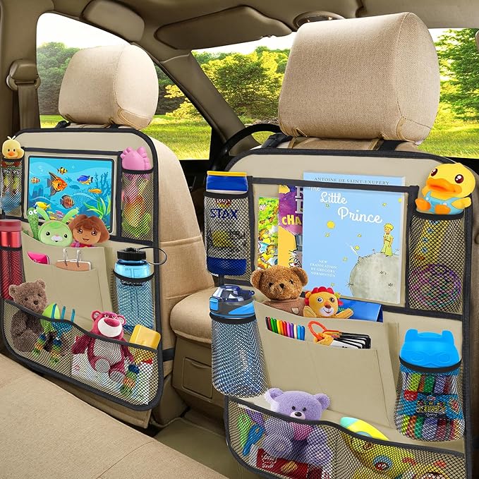 Car Backseat Organizer with 11" Table Holder, 10 Storage Pockets Seat Back Protectors Kick Mats for Kids Toddlers, Travel Accessories, 2 Pack, Beige