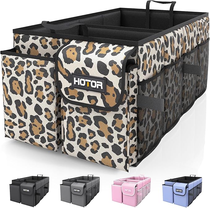 HOTOR Foldable Trunk Organizer - Leopard, SUV & Sedan Fits, 2 Compartments, 21.3"12.6"10.6" Sturdy Car Organization for Tools, Accessories, Sundries
