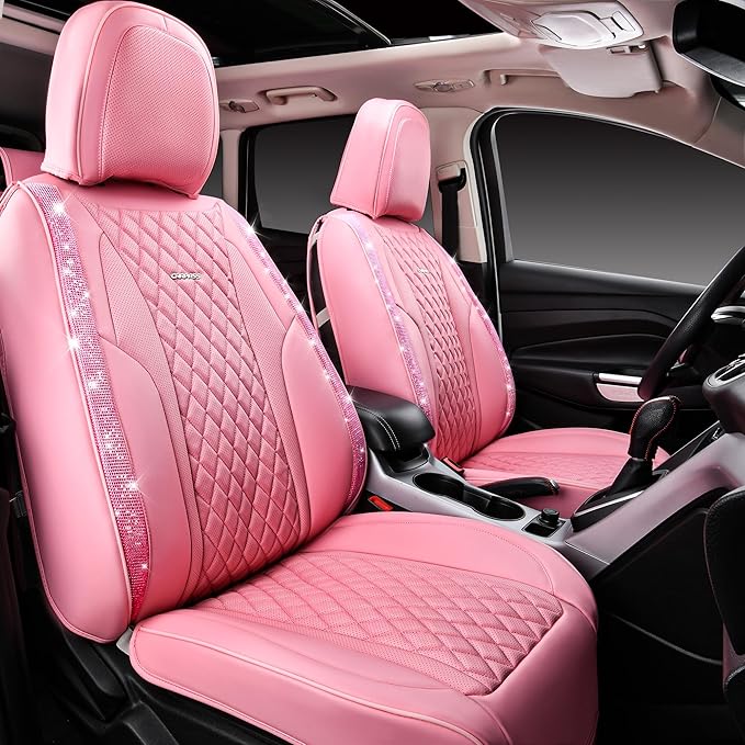 CAR PASS Bling Pink Nappa Leather Car Seat Covers for Front Seats, Waterproof Heavy-Duty Anti-Slip, Universal Fit for 95% Auto SUV Sedan Truck, Glitter Sparkly Shining Rhinestone, Pink Leather Diamond