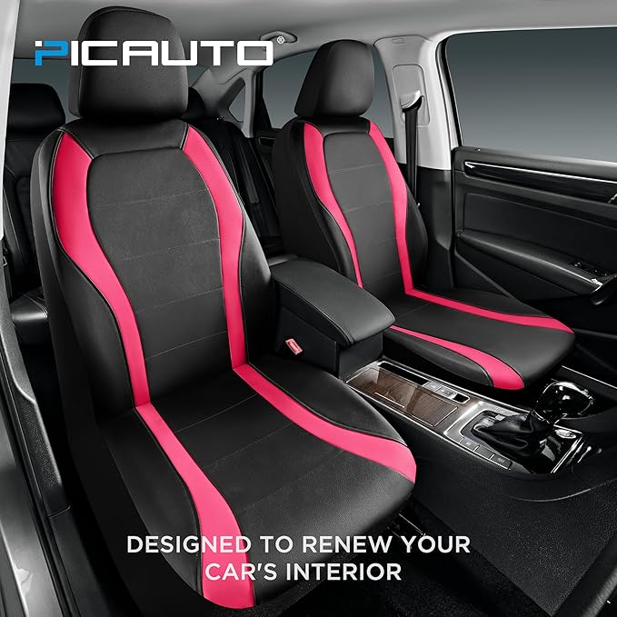 PIC AUTO Leather Car Seat Covers, Premium Automotive Waterproof Two Front Bucket Car Seat Protectors, Black and Hot Pink PVC Patchwork, Fits for Cars, Trucks, Van, SUV, Airbag Compatible
