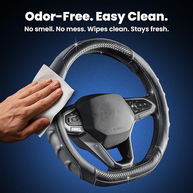 Carbon Fiber D Shaped Steering Wheel Cover – Universal 15 Inch (14.5-15″) Flat Bottom Steering Wheel Cover – Non Slip Leather Grip with Gel Comfort Padding – Sporty Design for Cars, SUVs & Trucks