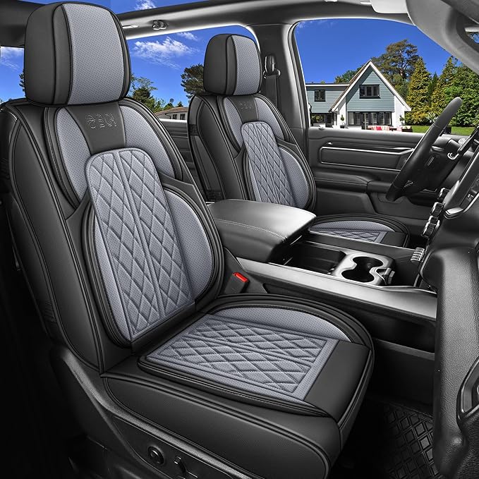 Car Seat Cover Custom Fit for Dodge Ram 1500 2500 3500 2002-2026 Faux Leather Seat Cover Set Compatible with Crew Quad Regular Cab Pickup Truck Cushions (Black & Grey, Full Set, Flat Rear)