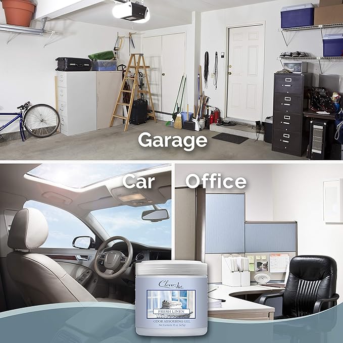 Clear Air 15oz Gel Odor Eliminator - Absorb & Remove Strong Odors from Pets, in Bathrooms, Basements, Garage, Cars, RVs & Boats - Eliminate Tough Odors with Essential Oils (Fresh Linen, 2-Pack)