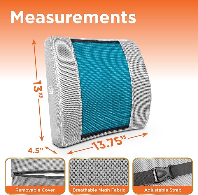 BLACK+DECKER Cooling Gel Lumbar Memory Foam Cushion – Ergonomic Back Support Travel Pillow with Ventilated Mesh, Adjustable Strap, Slow Rebound Memory Foam, Washable Cover