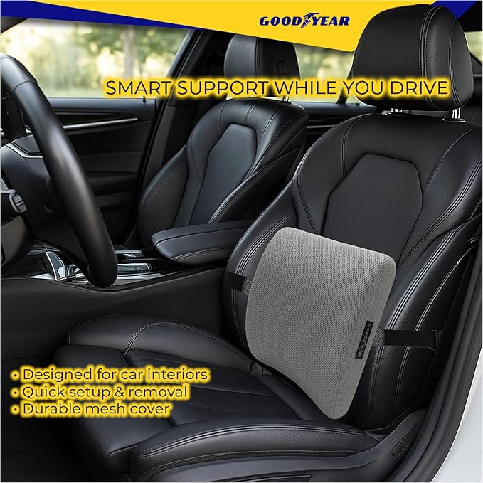 Goodyear Ergonomic Lumbar Support Pillow for Office Chair and Car Seat - Gel-Infused Back Support Lumbar Pillow, Premium Cushion Chair Support for Lower Back Pain Relief and Versatile Use - Grey