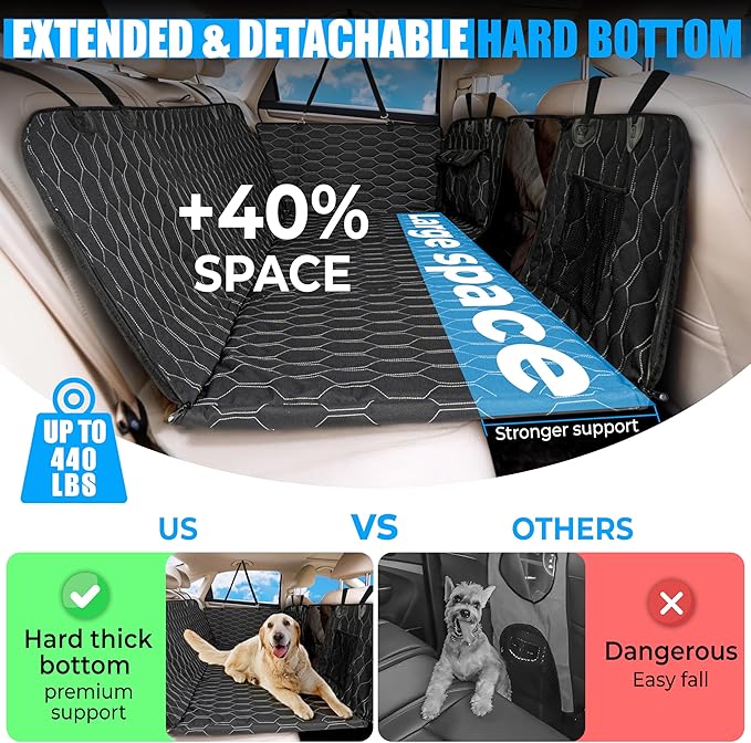Dog Back Seat Cover Hard Bottom - Holds 400lbs - Waterproof Dog Hammock for Car - 40% Extra Space - Car, SUV & Truck Universal Size - Pet Seat Cover for Back Seat - Seat & Door Protector